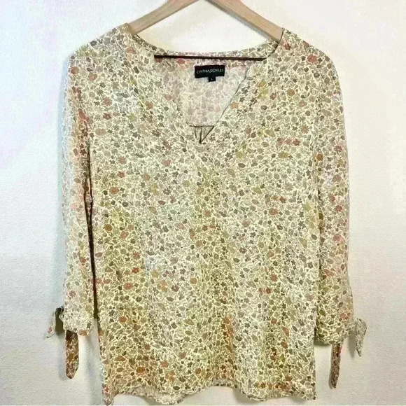 Cynthia Rowley | Women’s Floral 3/4 Sleeve Blouse with Ties | Size Large - Picture 1 of 13